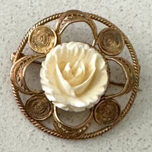 Gold Tone Filigree and Rose Brooch